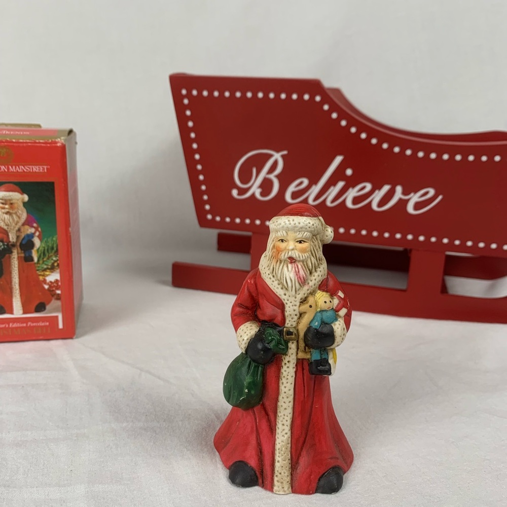 Vintage Charming Santa Claus Bell Figurine w/ Red Coat Green Bag In Original Box